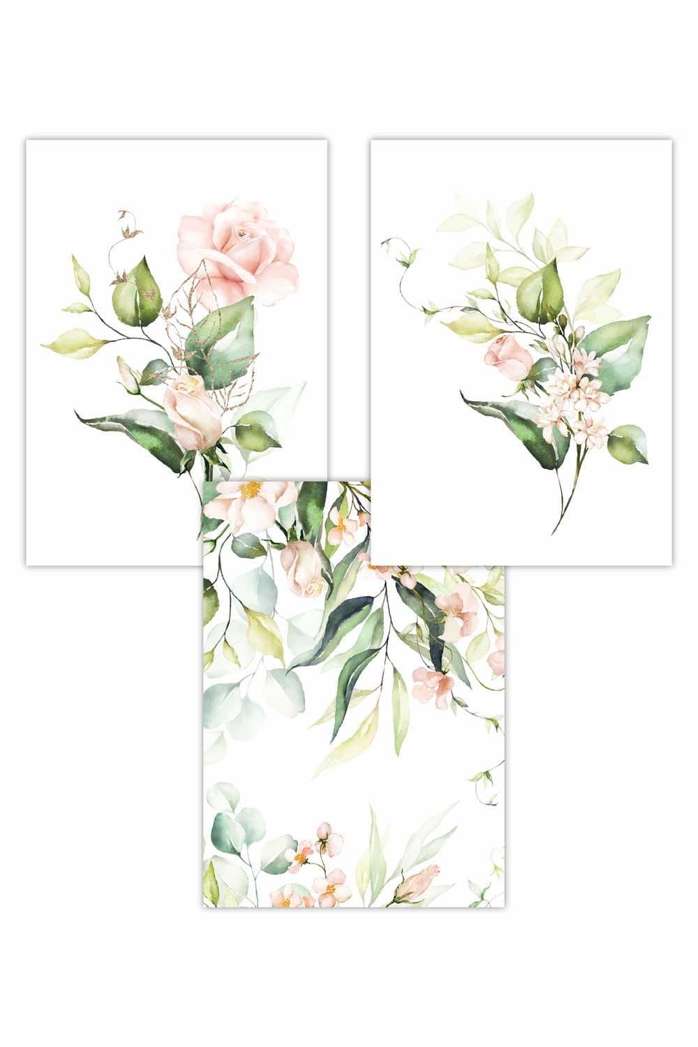 Set of 3 Pink Watercolour Rose Bouquets Art Posters